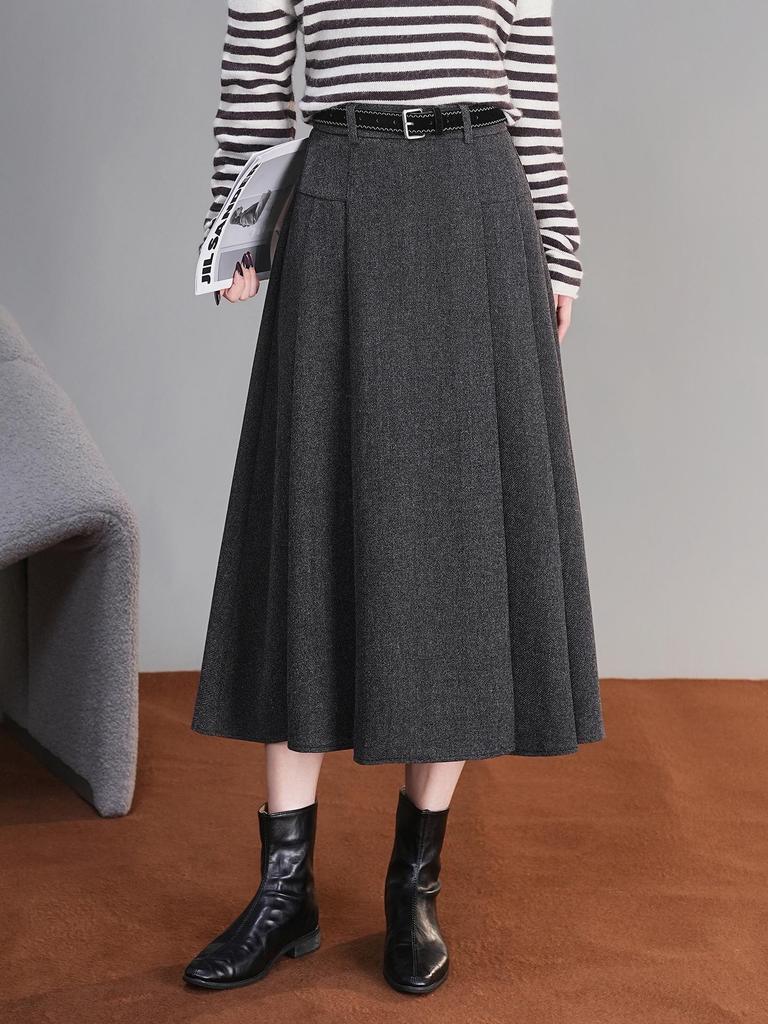 2025 Winter High-Waisted Wool A-line Skirt - Drapey, Slimming, Mid-length, Pleated, Wide-hem Design.