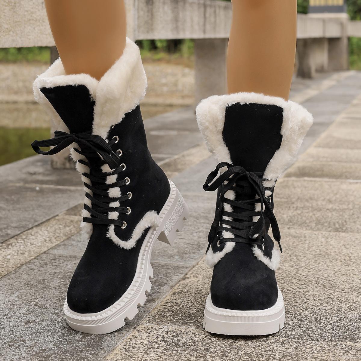 

Модные утепленные плюшевые женские зимние сапоги 2025 новые сапоги до середины икры на шнуровке, платформа из искусственного меха, ботильоны, женская утолщенная хлопковая обувь 38
