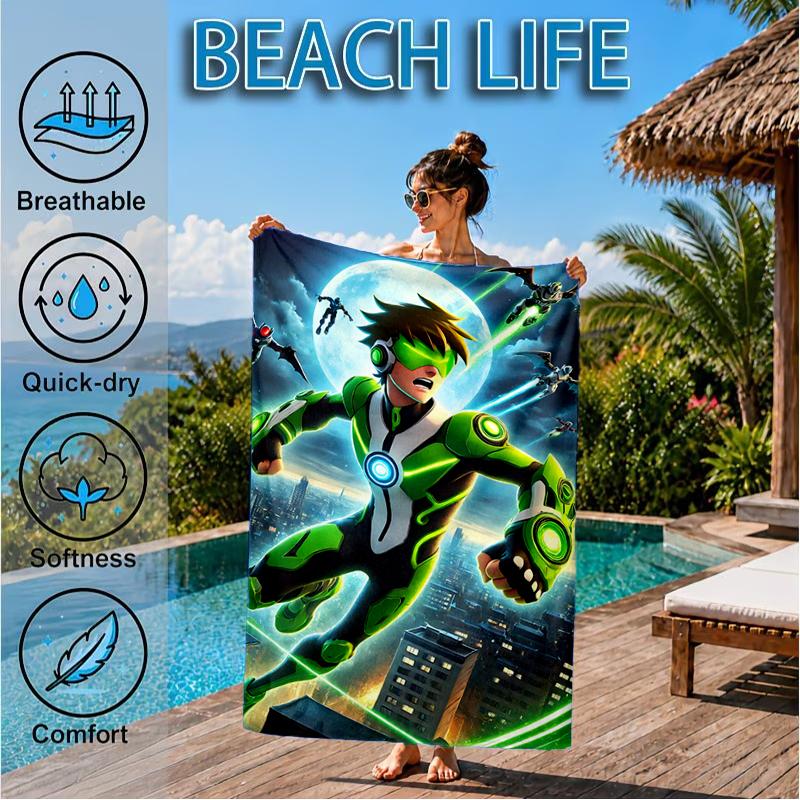 Superhero Cityscape Adventure Beach Towel, Super Soft Microfiber, Perfect Gift for Her/Him, Birthday, for Pool, Beach, Travel, Decor Beach Party