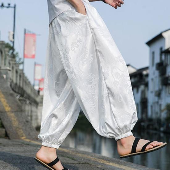 Herrenhose Laternenhose Hippie Boho Baggy Drachenmuster Locker Knöchelbündchen Weich Atmungsaktiv