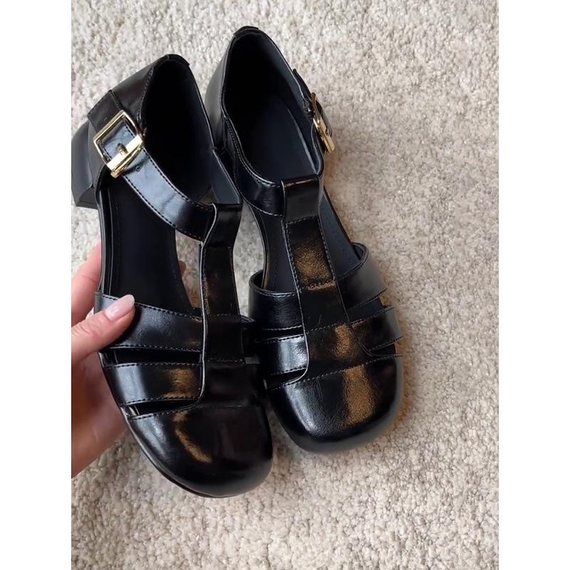 Schafsleder-Version~ Französische Retro-Webart, hohler runder Kopf, römische Sandalen, Damen, vielseitig, mit einem Knopf, niedriger Absatz, Taschenkopf-Sandalen