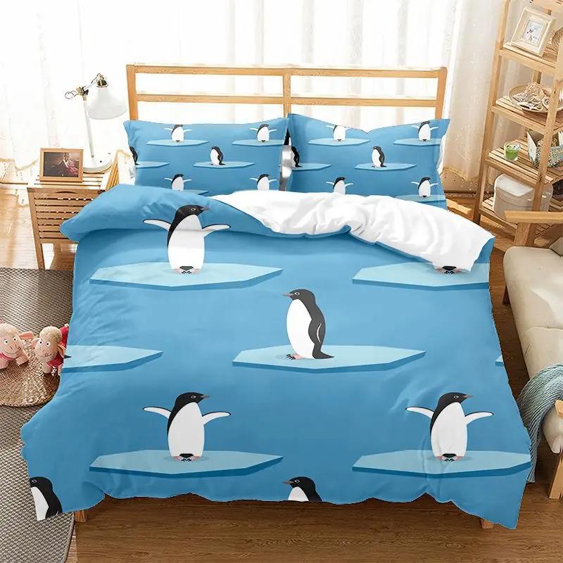 Cartoon Penguin Duvet Cover Set For Boys Girl Animated Antarctic Animal Polyester Quilt Cover White Black King Queen Size