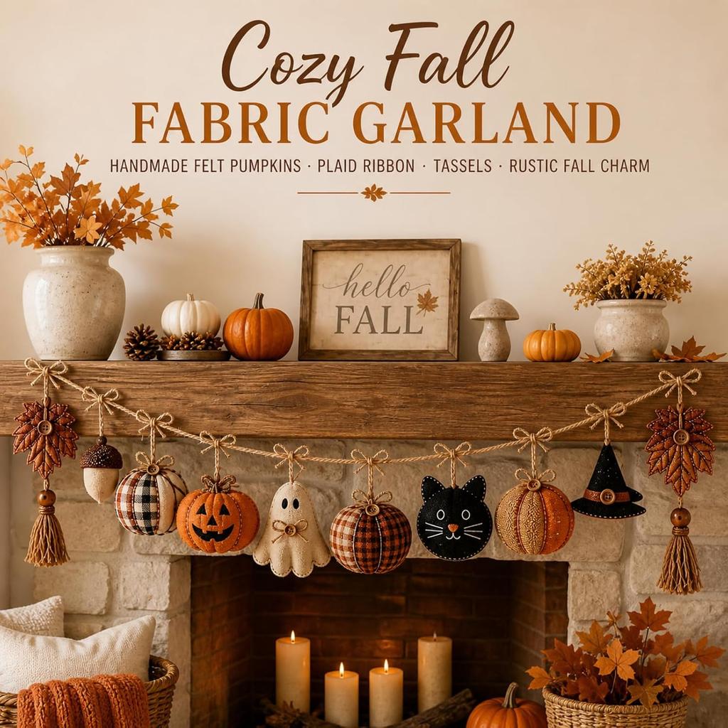Fall Halloween Thanksgiving Plush Fabric Hanging Decorations with Pumpkin, Maple Leaf and Cat Ornaments for Mantel and Wall