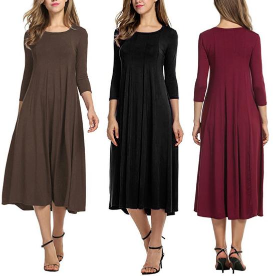 Lässiges Damen Midikleid in Unifarben mit O-Ausschnitt, 3/4-Ärmeln, tailliert und mit weitem Rock