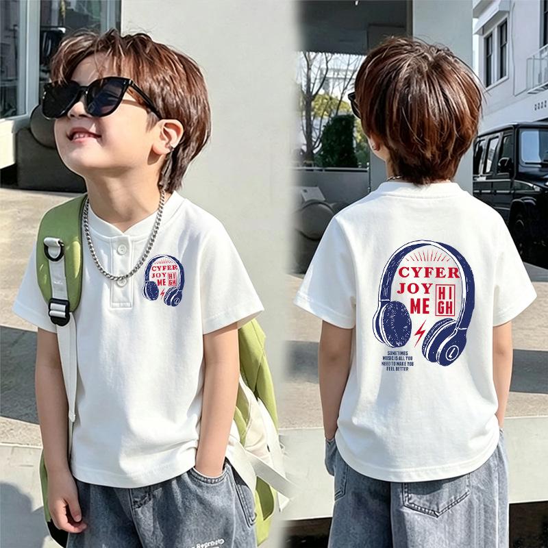 Korean Style Boys' Short-Sleeve Henley Collar T-Shirt, Loose Pure Cotton, Summer New Arrival Trendy Base Layer for Middle and Older Children
