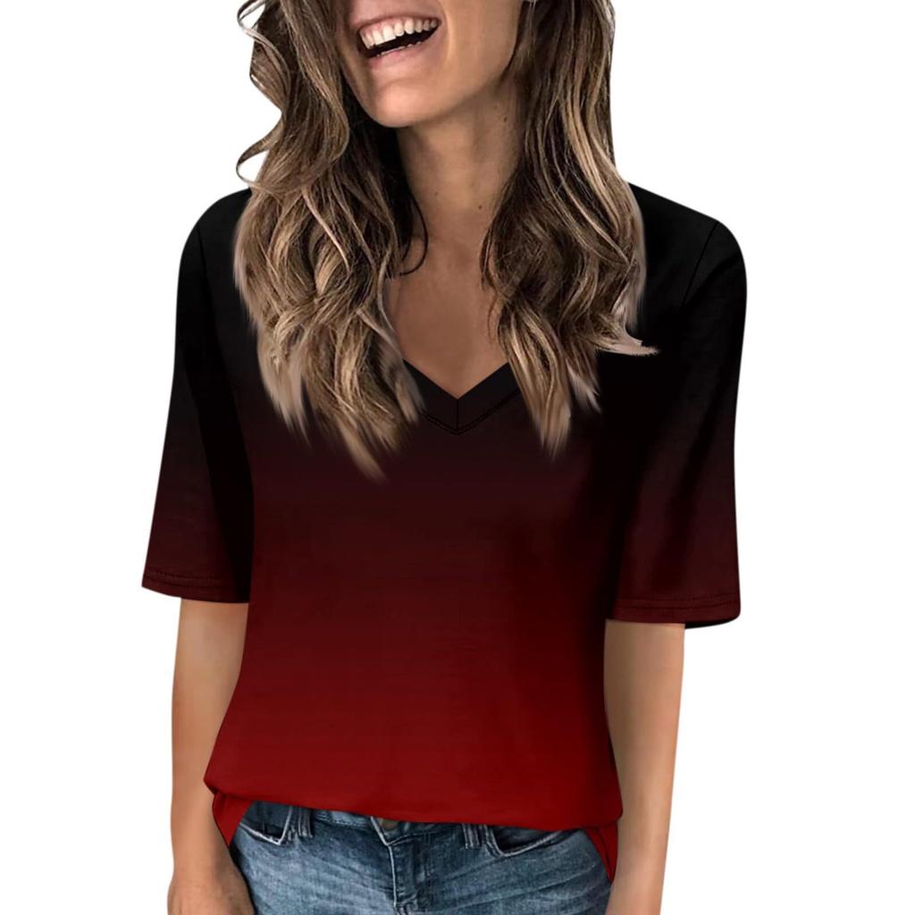 Dámské módní tričko s krátkým rukávem a výstřihem do V s 3D potiskem, letní pohodlné sportovní topy