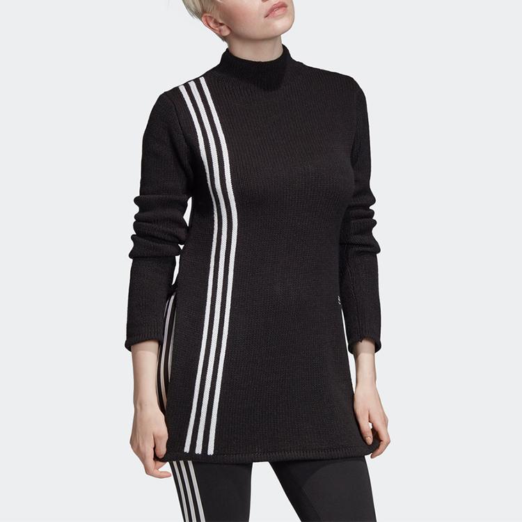 adidas Originals Three Stripes Knit Sweater Side Slit Round Neck Pullover Women Sweater Black FN2794