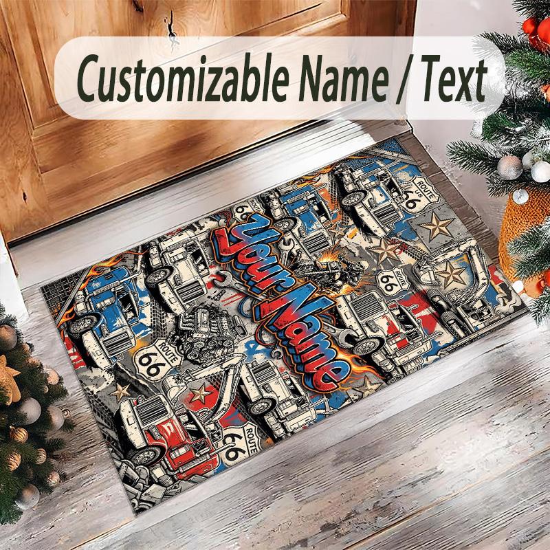 Truck Theme Crystal Velvet Rug Personalized Custom Name Text Soft Floor Mat Home Decor