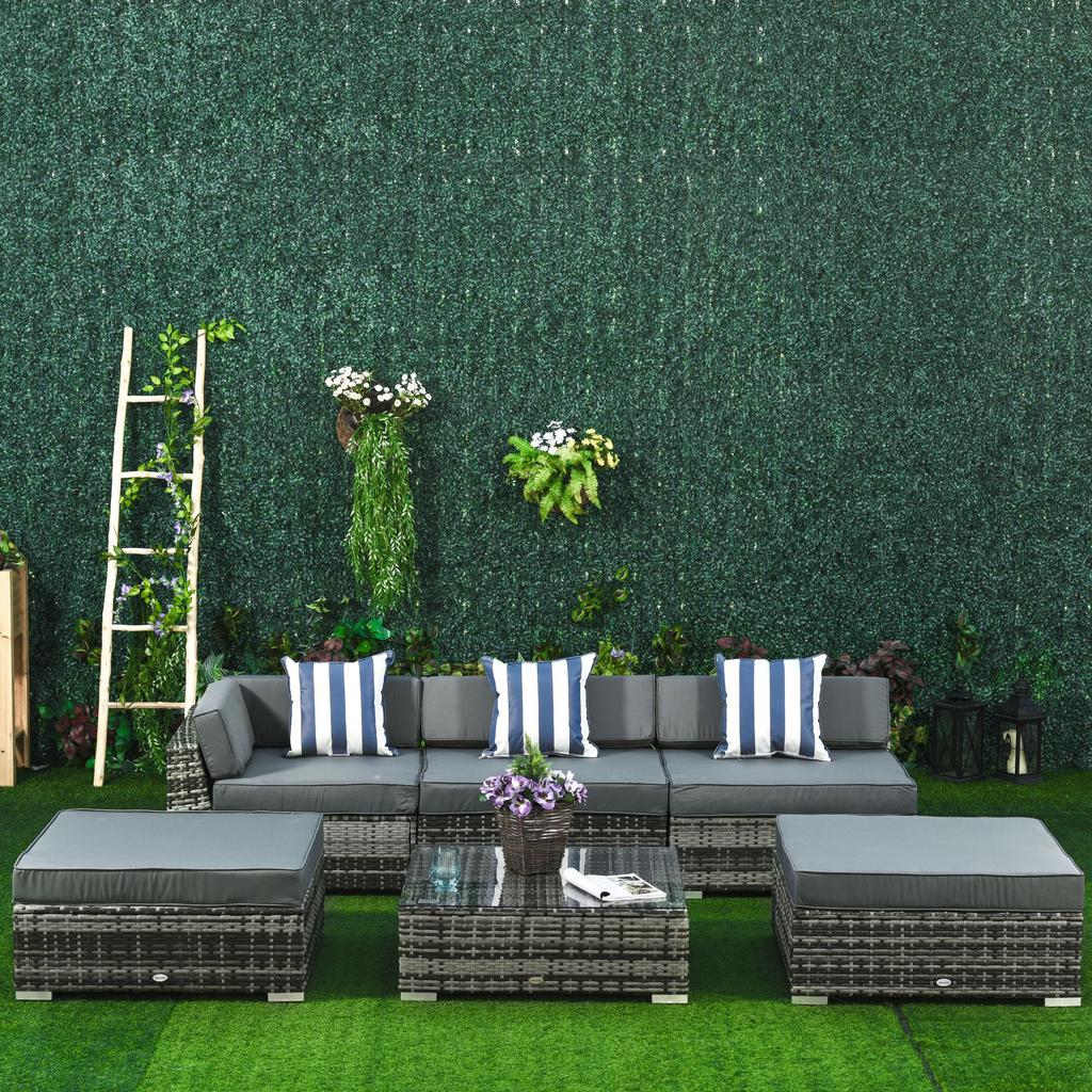 6 Pieces Rattan Garden Furniture Set, 5 Seater Garden Sofa Set with Thickened Cushions, Glass Top Coffee Table and Ottomans