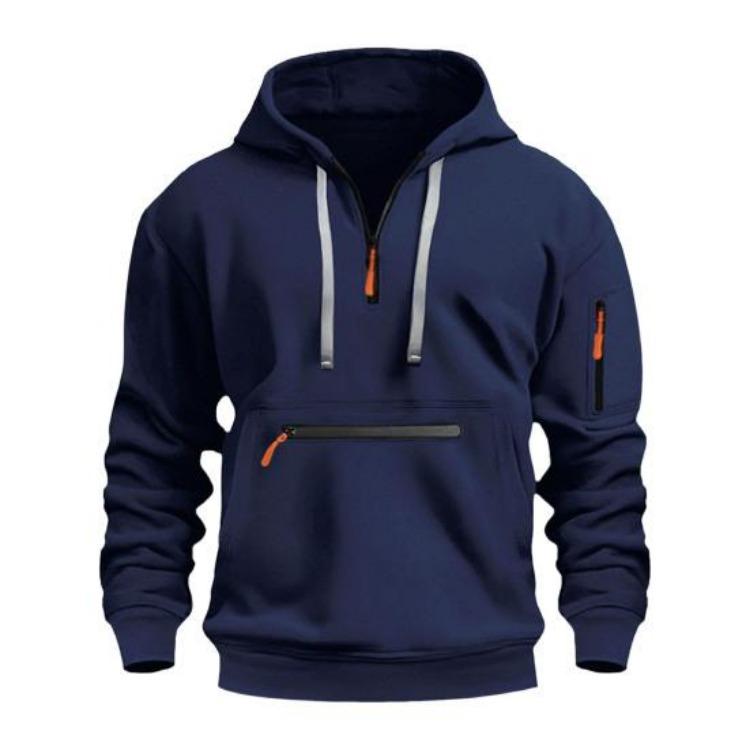 Winter Warm Men Hoodie Mid Length Pullover Zipper Decor Loose Elastic Cuff Drawstring Solid Color Top for Sport Daily Wear Hip Hop Fall S темно-синий