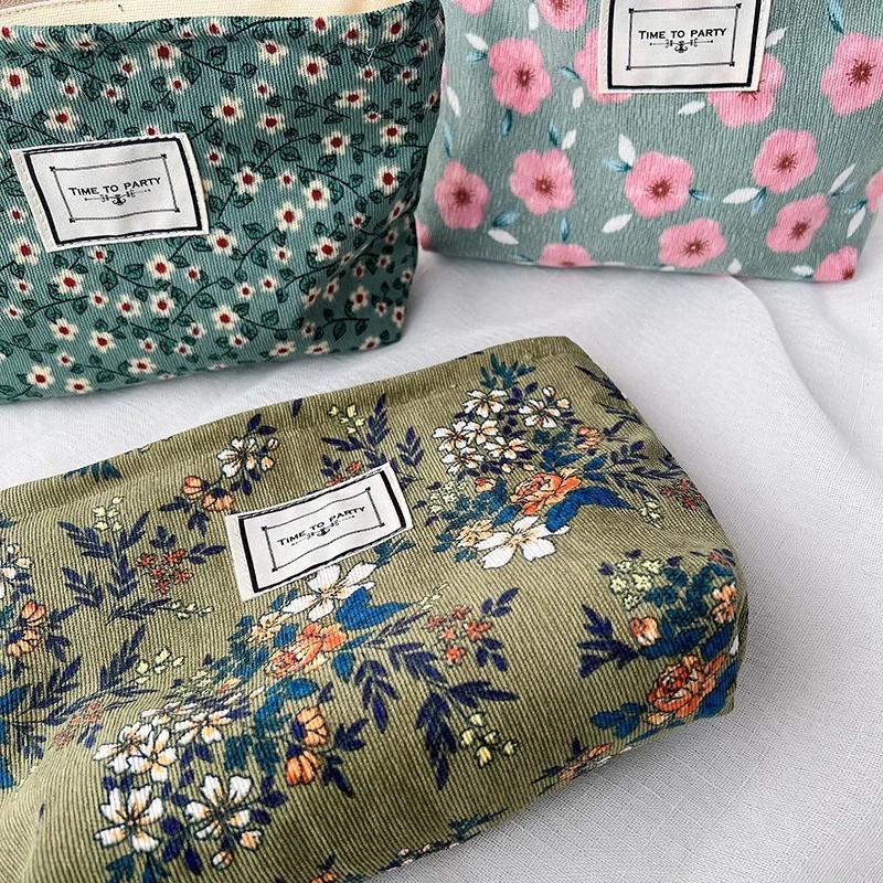 Organizzatore Pochette Trucco in Velluto a Coste Stampa Fiori Retrò Borsa Cosmetica Lavaggio Donna Viaggio Pochette Trucco Bellezza Toilette Custodie Portaoggetti