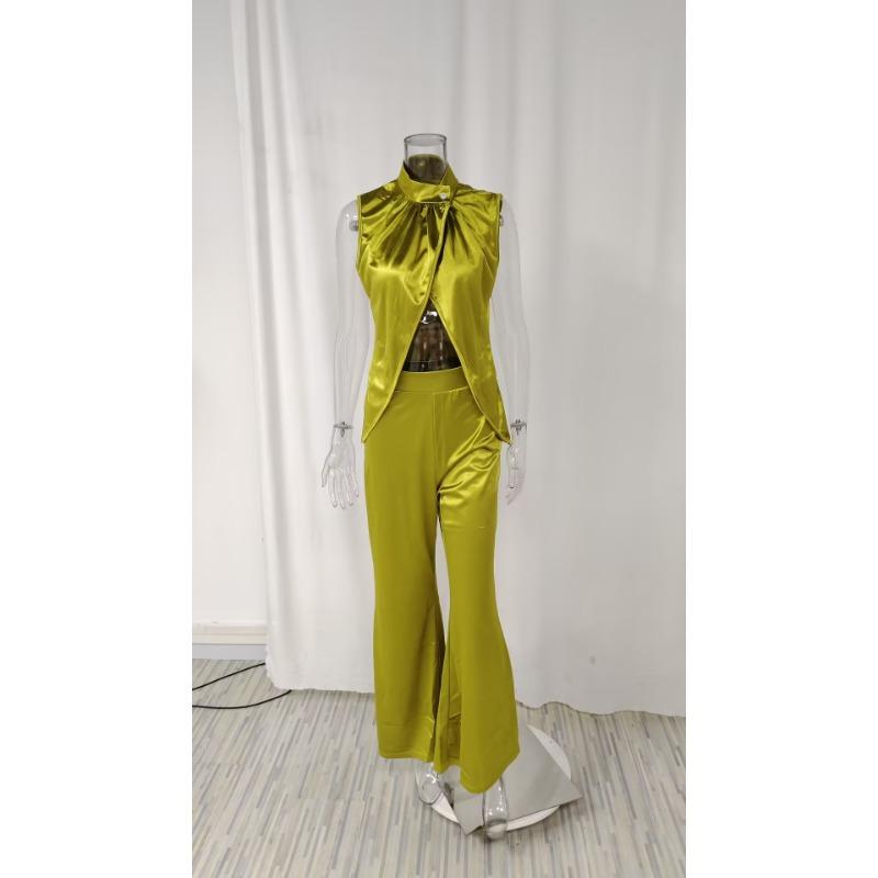 Women's Solid Color Hollow Out Hem Top Waisted Flared Pants Set