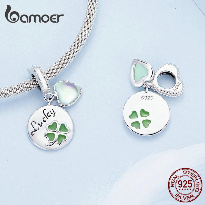 Bamoer 925 Sterling Silver Four-leaf Clover Hanging Bead Green Heart Pendant Charms for Women Bracelet DIY Fine Jewelry
