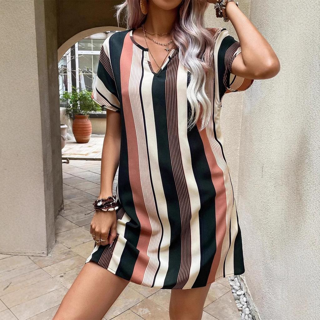 JKASHDK Dámská móda Léto Jaro Pruhovaný potisk Krátký rukáv Výstřih do V Volný pas Ležérní šaty