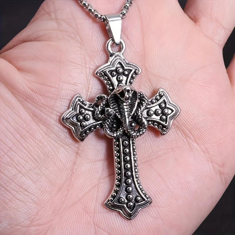 Vintage Cross Jesus God Christian Cobra Snake Pendant Necklace Chain Unisex Men Women Fashion Gothic Amulet Talisman Jewelry Party Gift