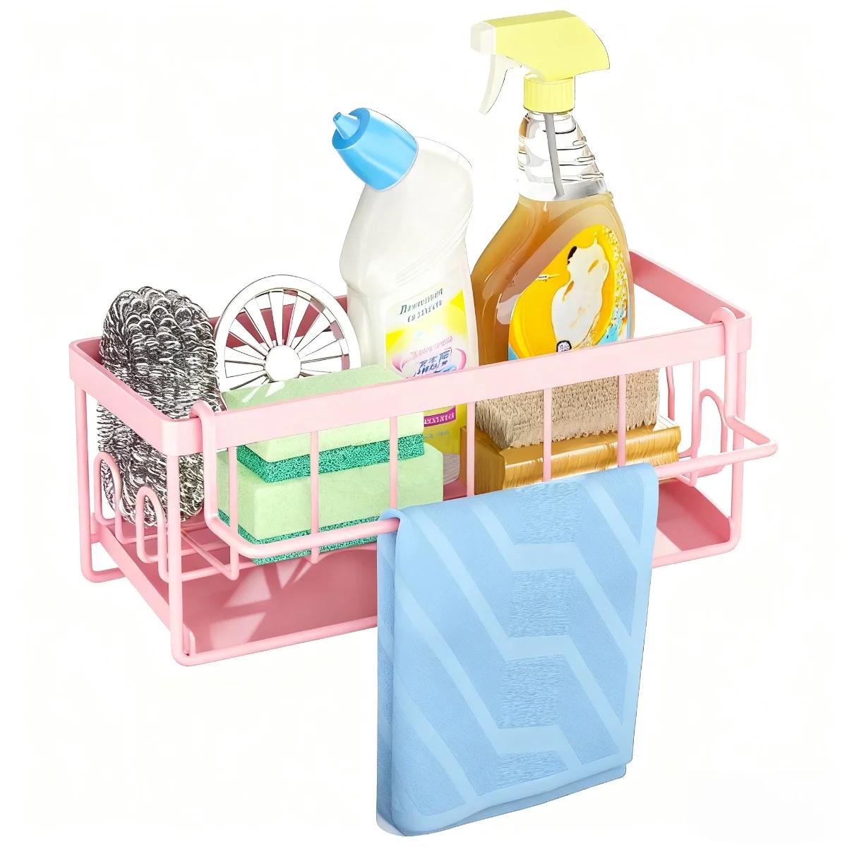 

Sink Sponge Holder with Dishcloth Hanger Adhesive Kitchen Storage Caddy for Scrubber Brush Dish Soap Sponges and Accessories 1-tier розовый