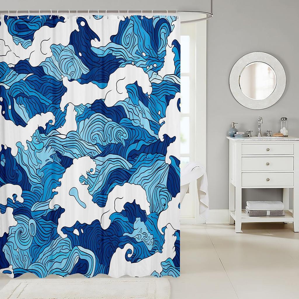Ocean Wave Shower Curtain Japanese Hokusai Bathroom Shower Curtain Sets for Young Vintage Abstract Sea Waves Fabric Shower