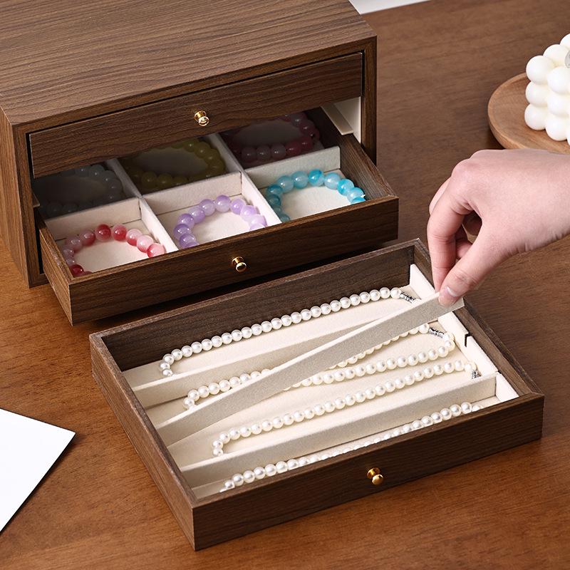 Walnut Multi-Layer Wooden Jewelry Box - Dustproof Organizer for Earrings, Rings, and Necklaces