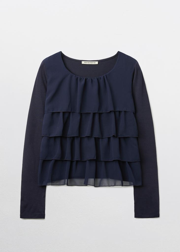 Pibeuseupibeuseu Tiered Ruffle Long Sleeve Top / Navy