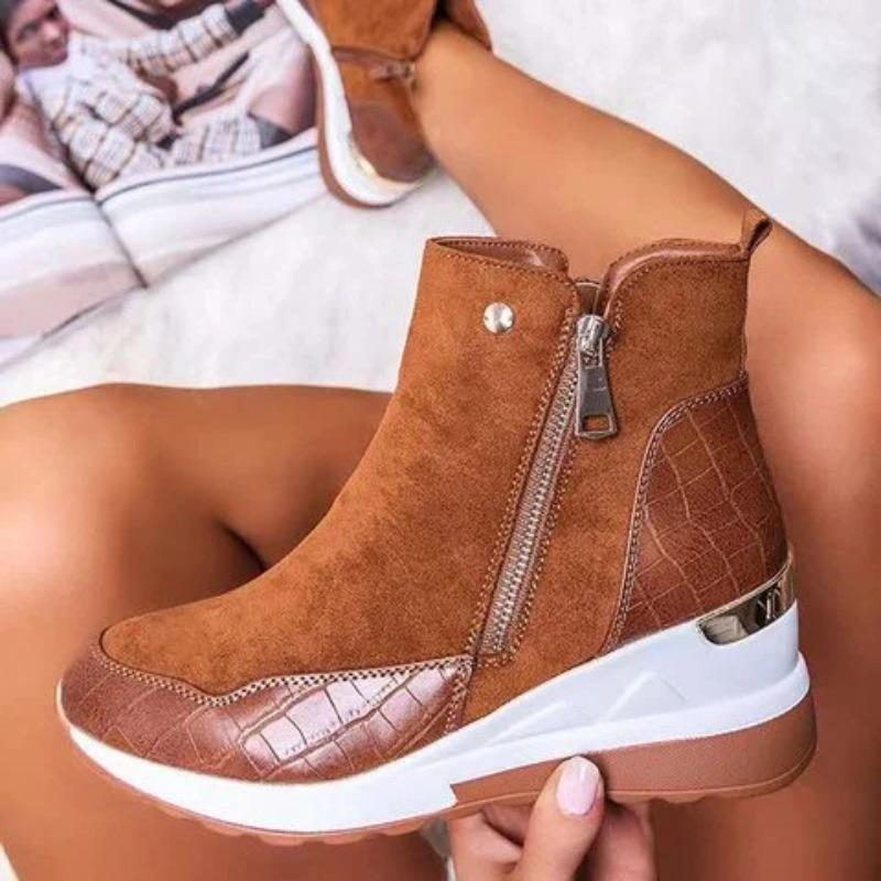 Low-top Shoes for Warmth, Round-toed Wedge Heels with Side Zippers, Women's Boots, Thick-soled Snow Boots