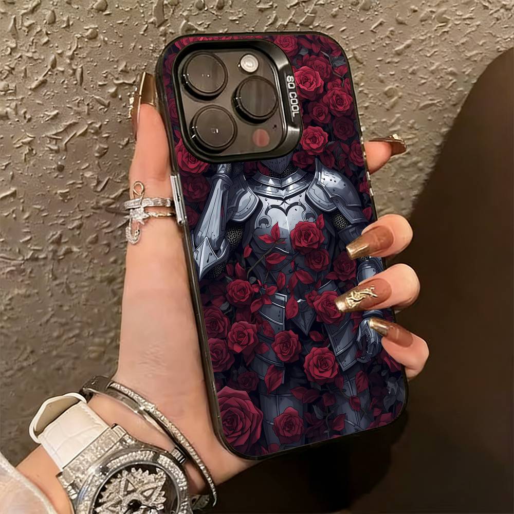 Dark Romanticism Knight & Roses Phone Case For iPhone 17,16,15,14,13,12,11 Plus,Pro Max,XS,Colorful Silver Black Cover