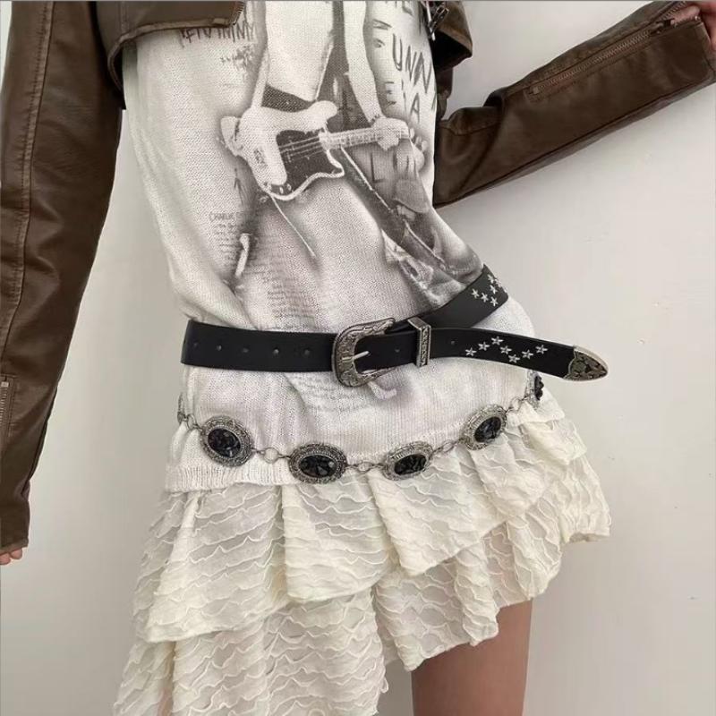 Women Trouser Belt Punk Cool Metal Buckle Adjustable Eyelet Leather Fashion Thin Waistband for Jeans Hole Waist Goth Belt