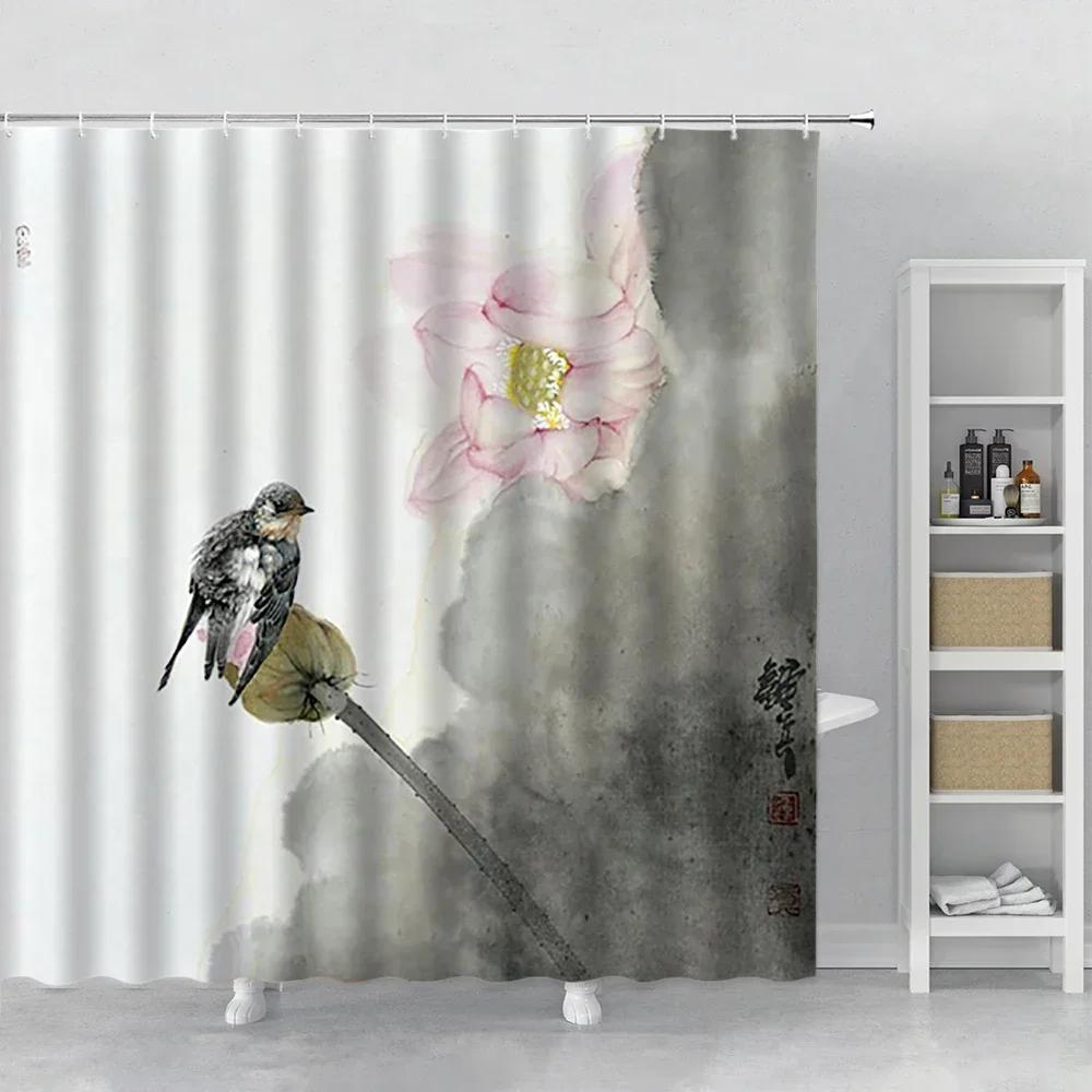 

Asian Shower Curtains Sets Natural Cherry Flowers Trees Chinese Japanese Ink Painting Curtain for Bathroom Sakura Fabric Decor 90x180cm-35x70in