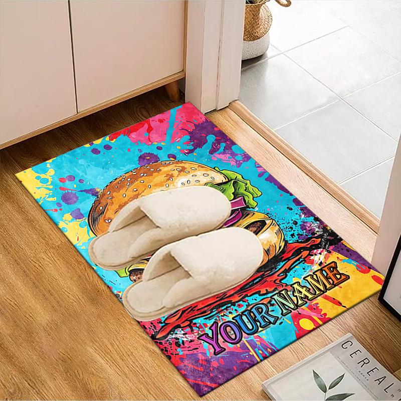 1PC Custom Name Colorful Burger Artwork Theme Floor Mat Ideal for Living Room, Game Rooms, Office, Bedroom, Floor Mat Playful Design