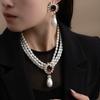 French Light Luxury High-End Necklace, Medieval Multi-Layer Pearl Pendant With Diamond Studs, Classic Retro Earrings, Necklace.