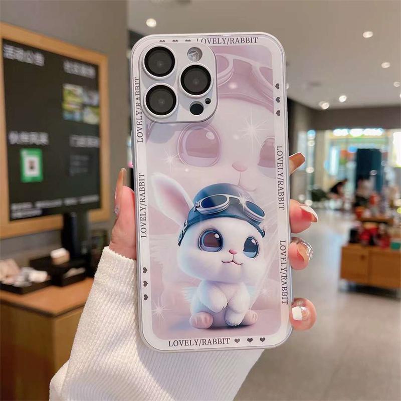 Cute Rabbit Metallic Paint Tempered Glass Phone Case For iPhone 15 14 13 12 11 Pro Max Shockproof Cover
