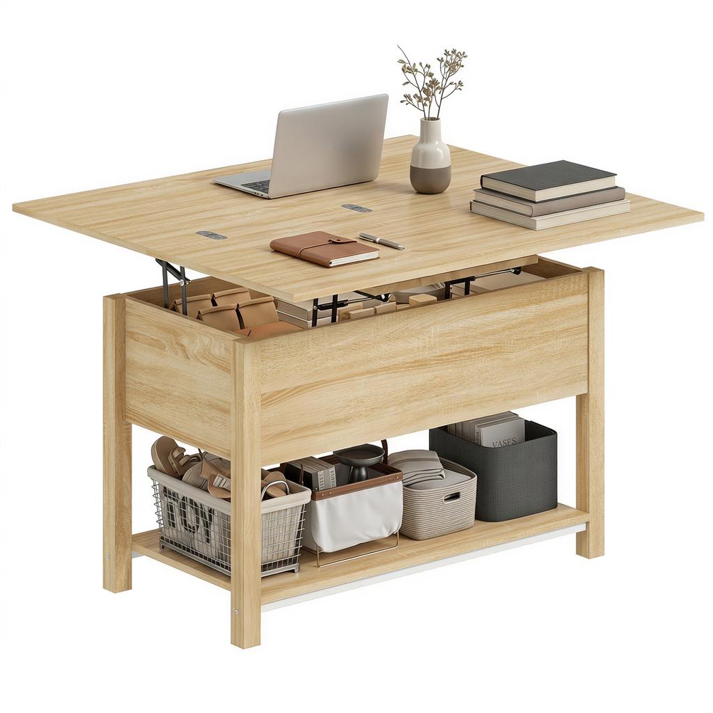 Lift-Top Extendable Coffee Table, Hidden Compartment, Open Shelf, 100 x 45 x 50.5 cm, Natural Wood