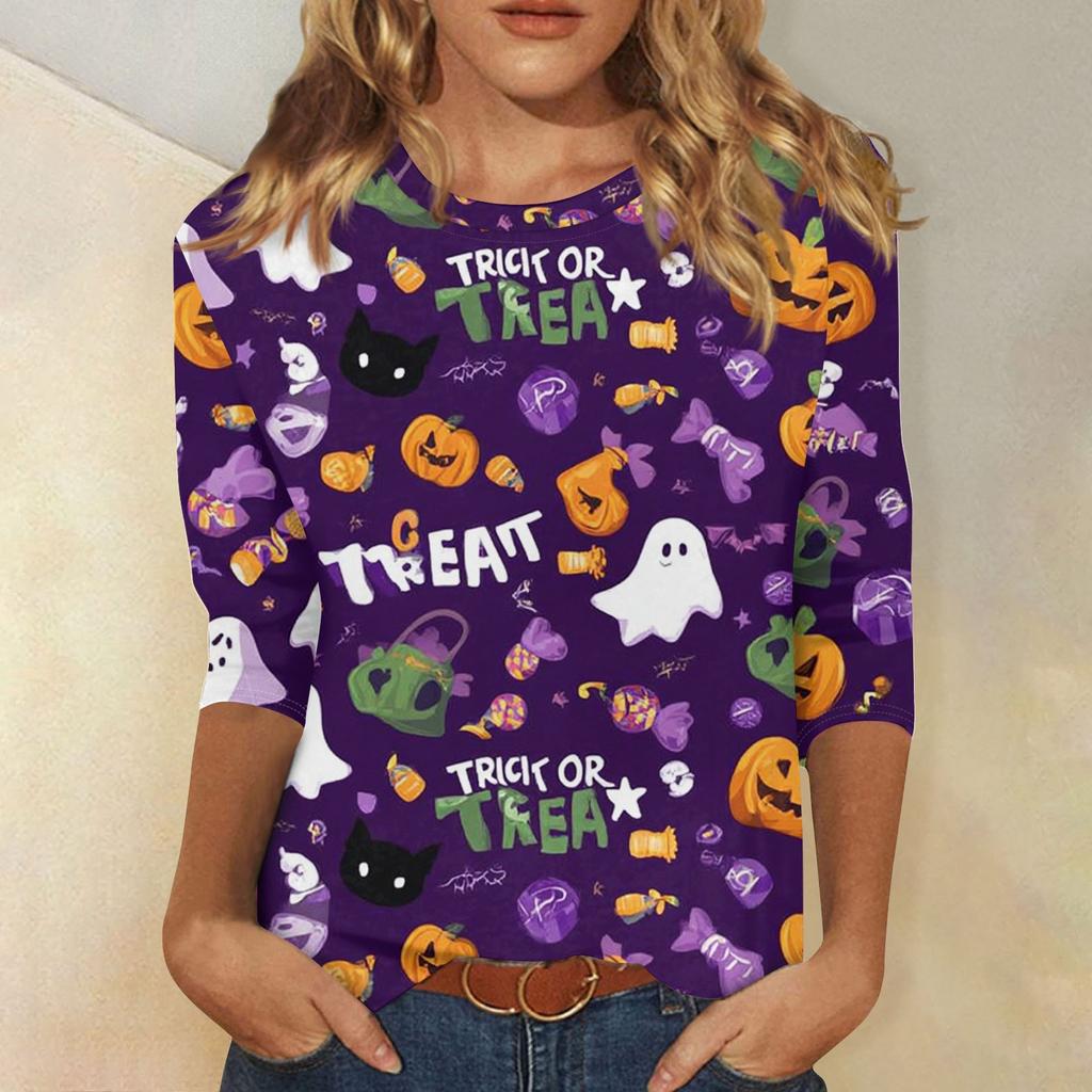 Women's Fashion Casual Three-quarter Sleeve Halloween Printed Round Neck Top