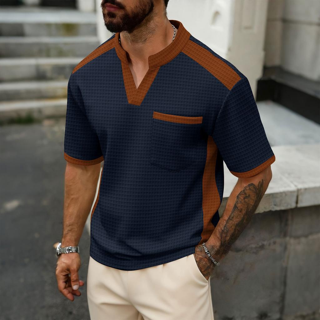 Men's Color Blocked V-neck Patchwork Short Sleeved Casual Breathable Top