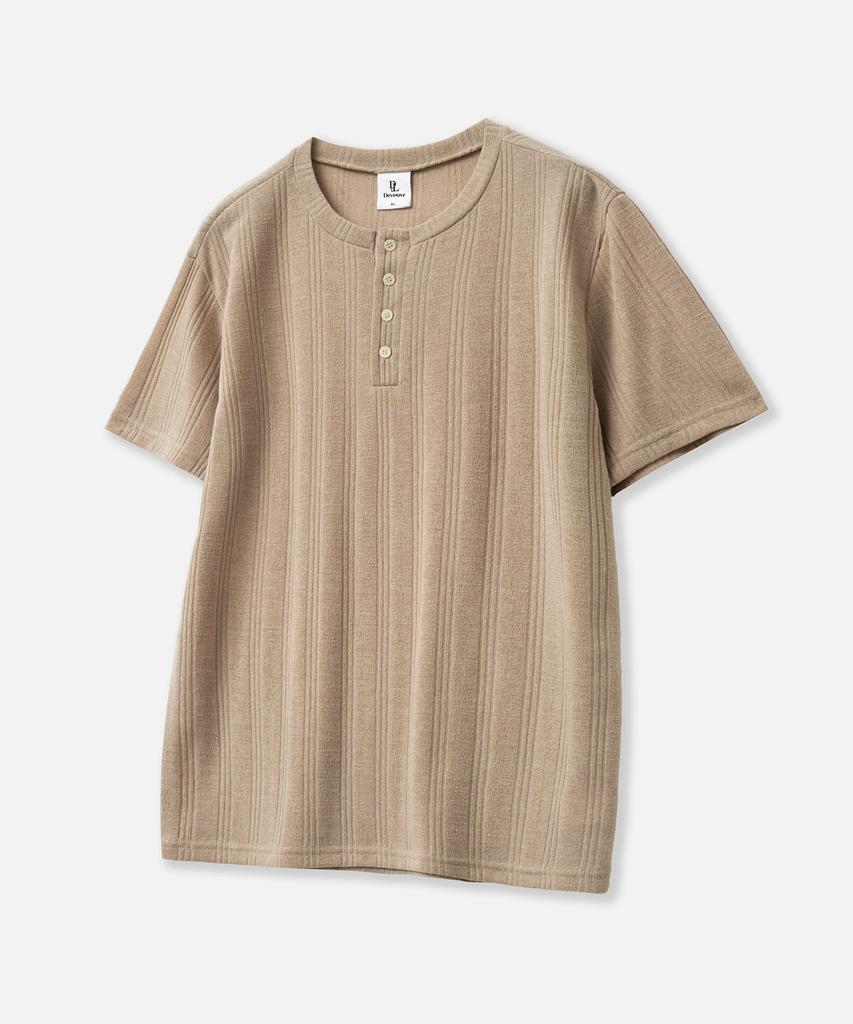 Dibellobeu Ribbed Henley Neck Short Sleeve T-Shirt_Beige