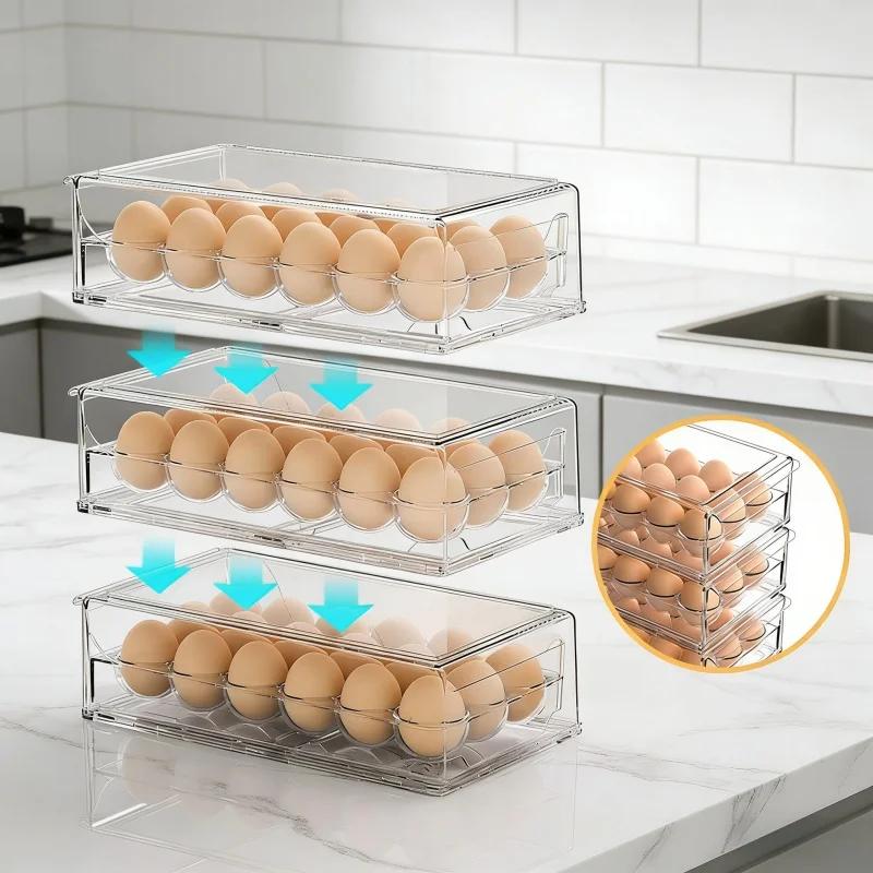 12/18 Grid Drawer Style Egg Holder Food Grade Stackable Fresh Keeping Box Kitchen Fridge Household Egg Storage Organizer Shelf