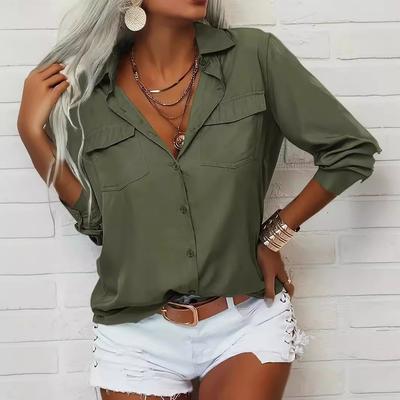 Long - Sleeve Button - Up Double - Pocket Lapel Casual Women's Blouses & Shirts