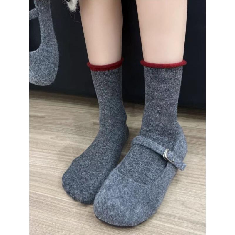 Grey Socks, Women's Autumn and Winter Pure Cotton Mid-calf Socks, Thickened Warm Wool Long Socks, Rolled-up Pile Socks, Winter
