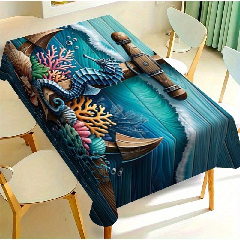 One Piece of Marine-themed Seahorse, Wave and Anchor Pattern Tablecloth, Suitable for Both Home and Outdoor Usezyc