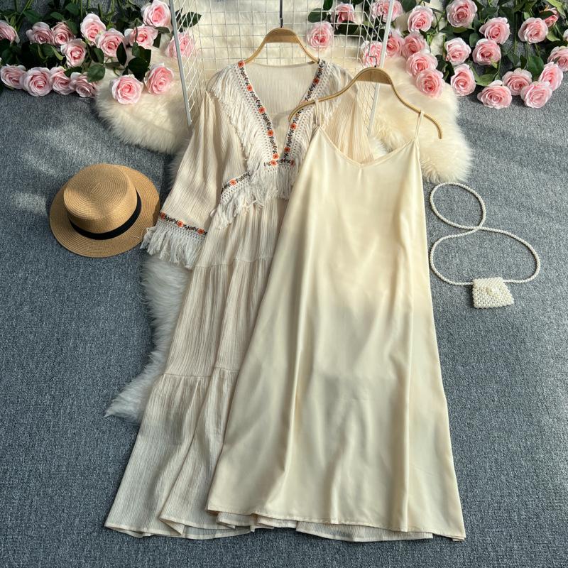 Vintage Lange Kleider Frauen Sommer V-Ausschnitt Halbarm Quaste Patchwork A-Linie Hohe Taille Spitzenkleid