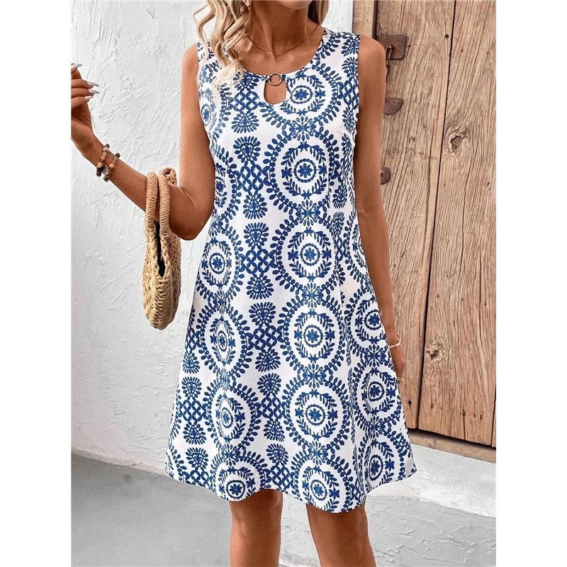 

Женское Бохо Платье Без Рукавов С Принтом Пейсли Повседневное Пляжное Платье На Поясе L лазурь