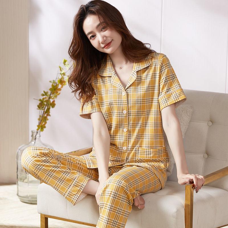 Pure cotton pajamas women's summer cover, thin can be worn outside, short-sleeved plaid large-size cotton loungewear set