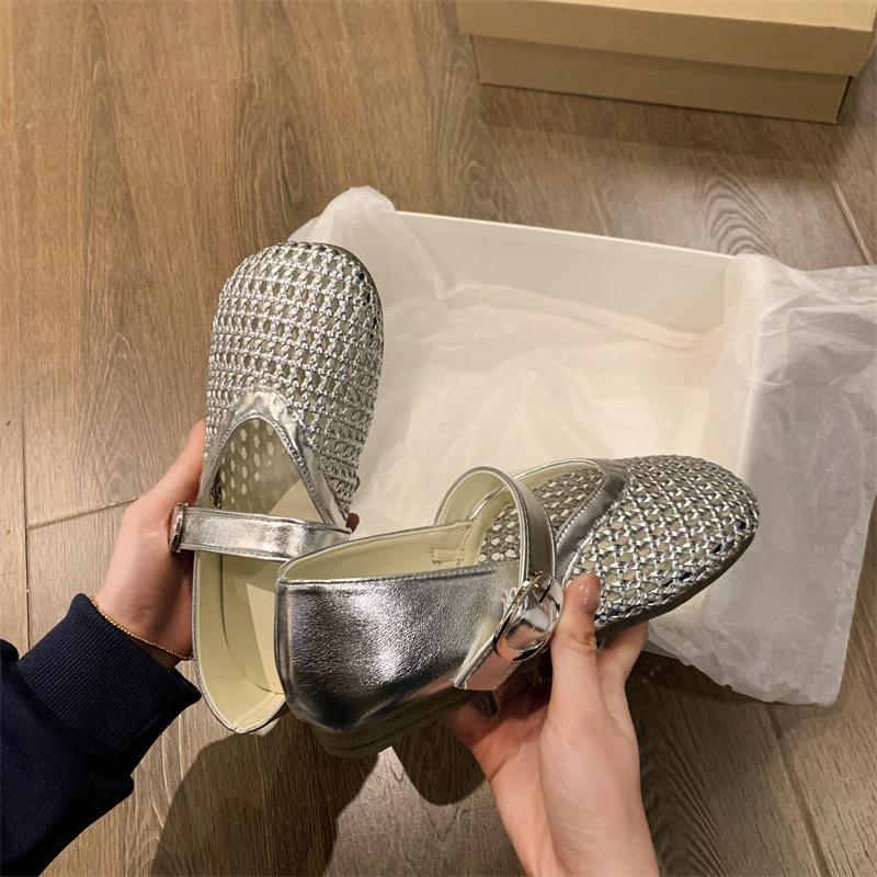 New Mary Jane Women's Shoes with A Single Line Mesh and Hollowed Out Woven Style Sandals
