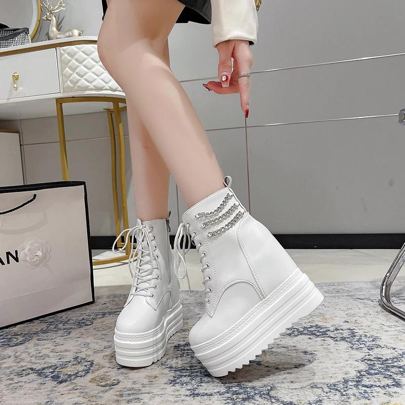Mode 12CM Neue Damen Stiefeletten Leder Dicke Sohle Motorradstiefel Weiblich Herbst Frühling Kette Hohe Plateau Schuhe Frau Große Größe 42