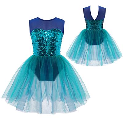 Girls Shiny Sequins Dance Leotard Dress Sleeveless Adorned Bodice Open Back Mesh Design Performance Dress