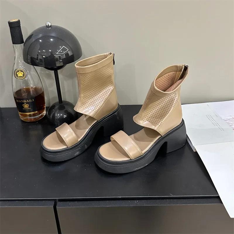 Retro Platform Peep Toe Sandals for Women Thick Heel Roman Shoes Hollow High-Top Rear Zipper Square Heel Cool Boots