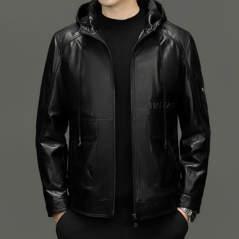 Autumn and winter new men's cowhide leather jacket fashion casual top hooded leather jacket trendy