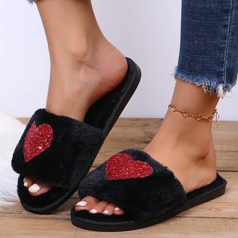 Fashion Fashion Heart Shaped Sequin Plush Slippers Women Open Toe Faux Fur Indoor Home Slides Woman Autumn Winter Fluffy Flat Slippers