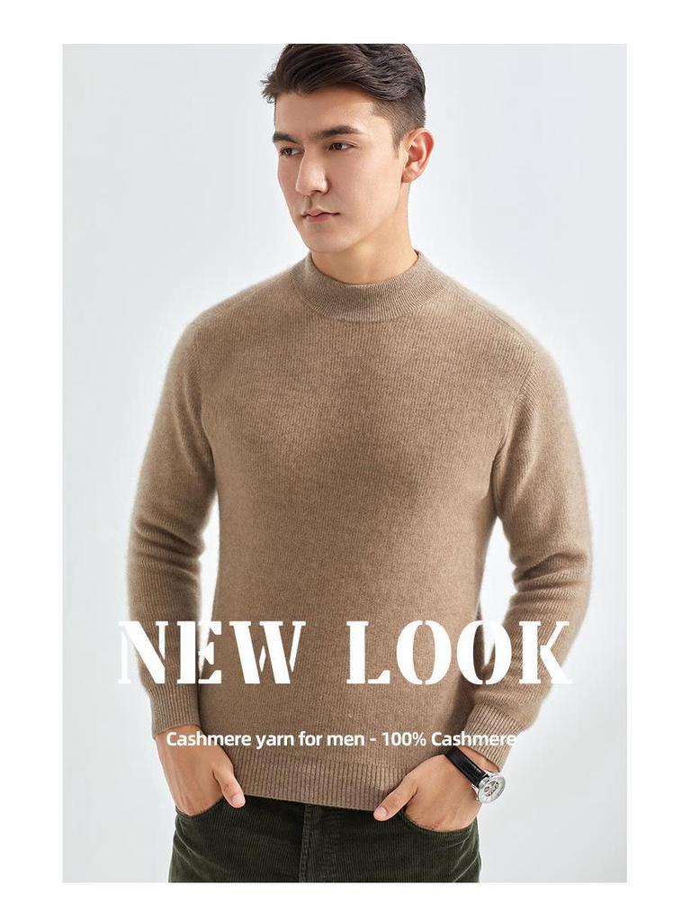 Men's Loose-Fit Semi-High Neck Cashmere Sweater for Autumn/Winter - Business Casual Style