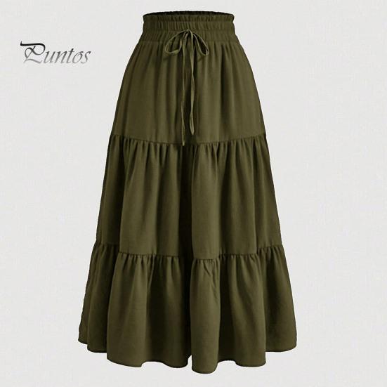 Stil boem fustă de vară pentru femei, talie înaltă elastică, cu cordon reglabil, culoare solidă, linie A