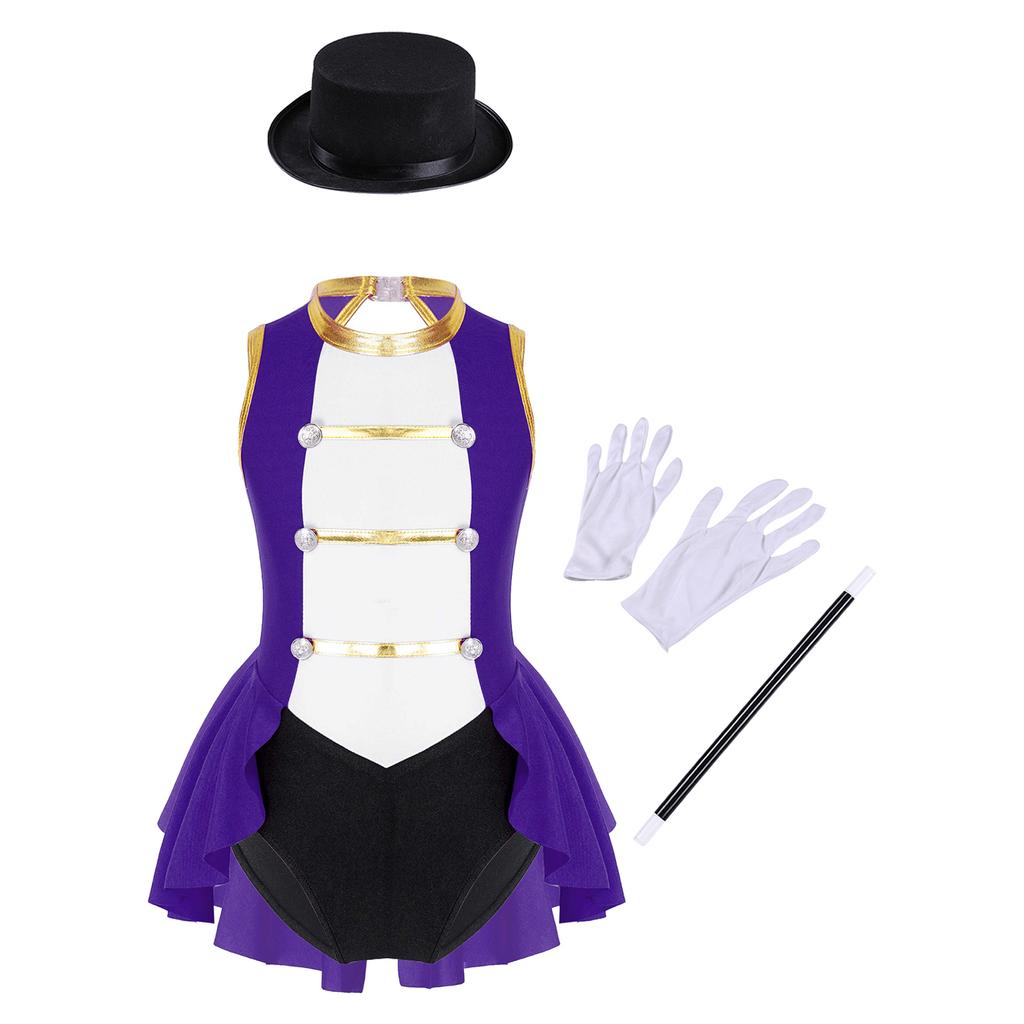 Girls Ringmaster Costume Sleeveless Leotard Round Neck Cutout Back with Hat Magic Gloves Circus Cosplay Outfit